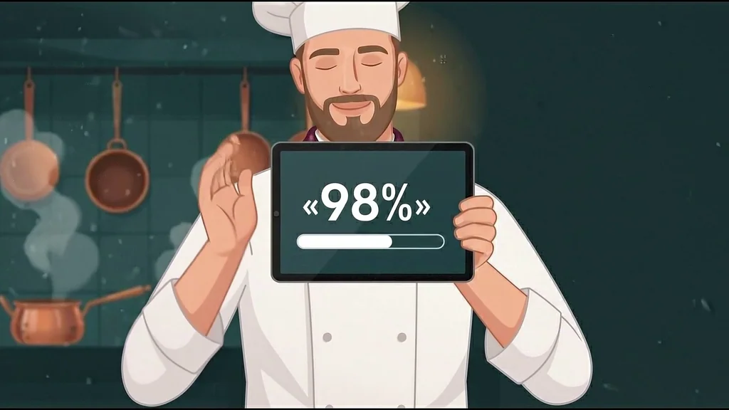 Шеф-повар показывает планшет «98%» — тест сдан с первой попытки